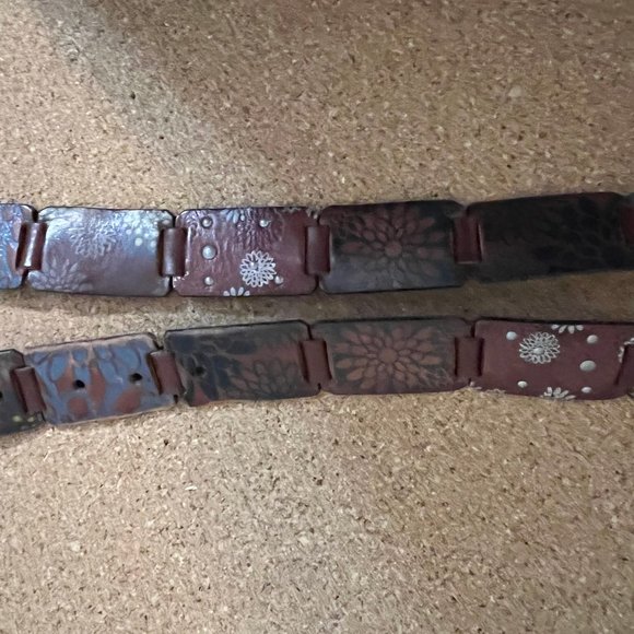 Vintage Leather Floral Stamped and Link Patchwork Style Belt Hippie Boho sz L - Picture 8 of 10